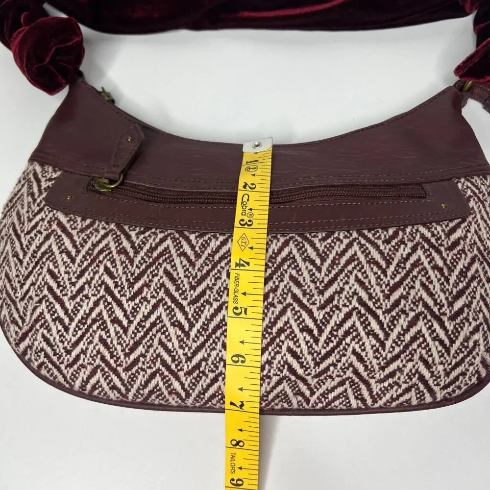 Oggi Hobo Shoulder Bag Purse Velvet Strap‎ Burgandy Chevron Tweed 70s Boho Indie